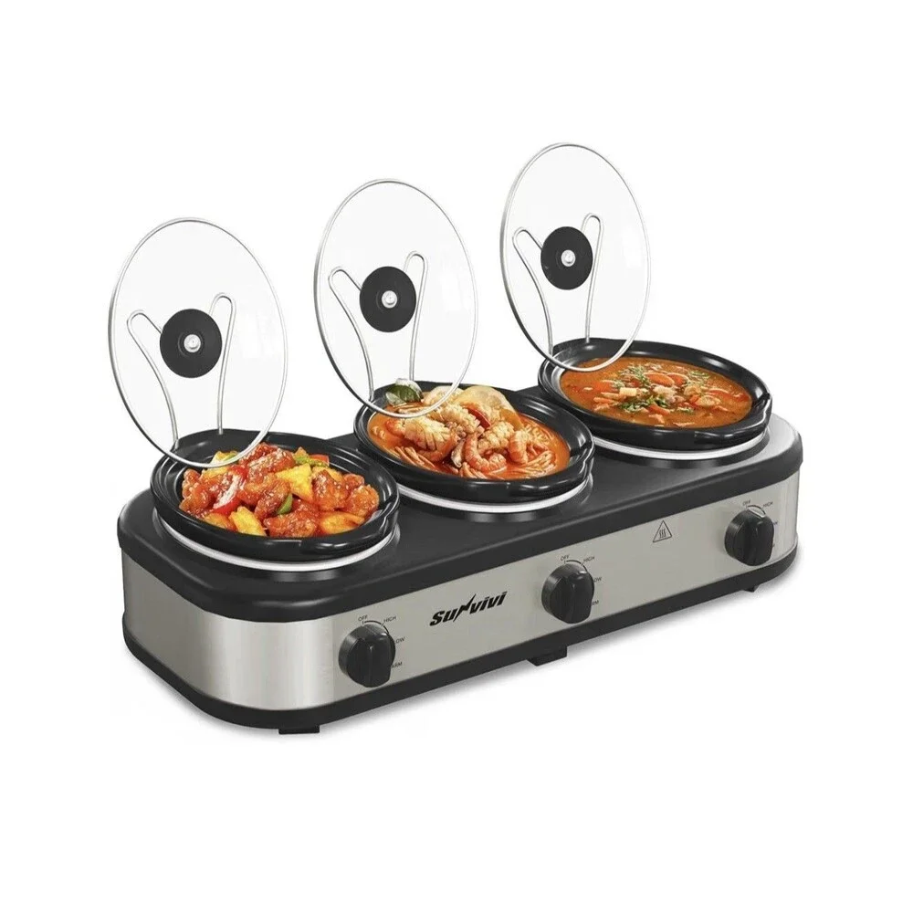 Triple Slow Cooker, Buffet Server and Food Warmer, Small Mini Pot with 3 Adjusta